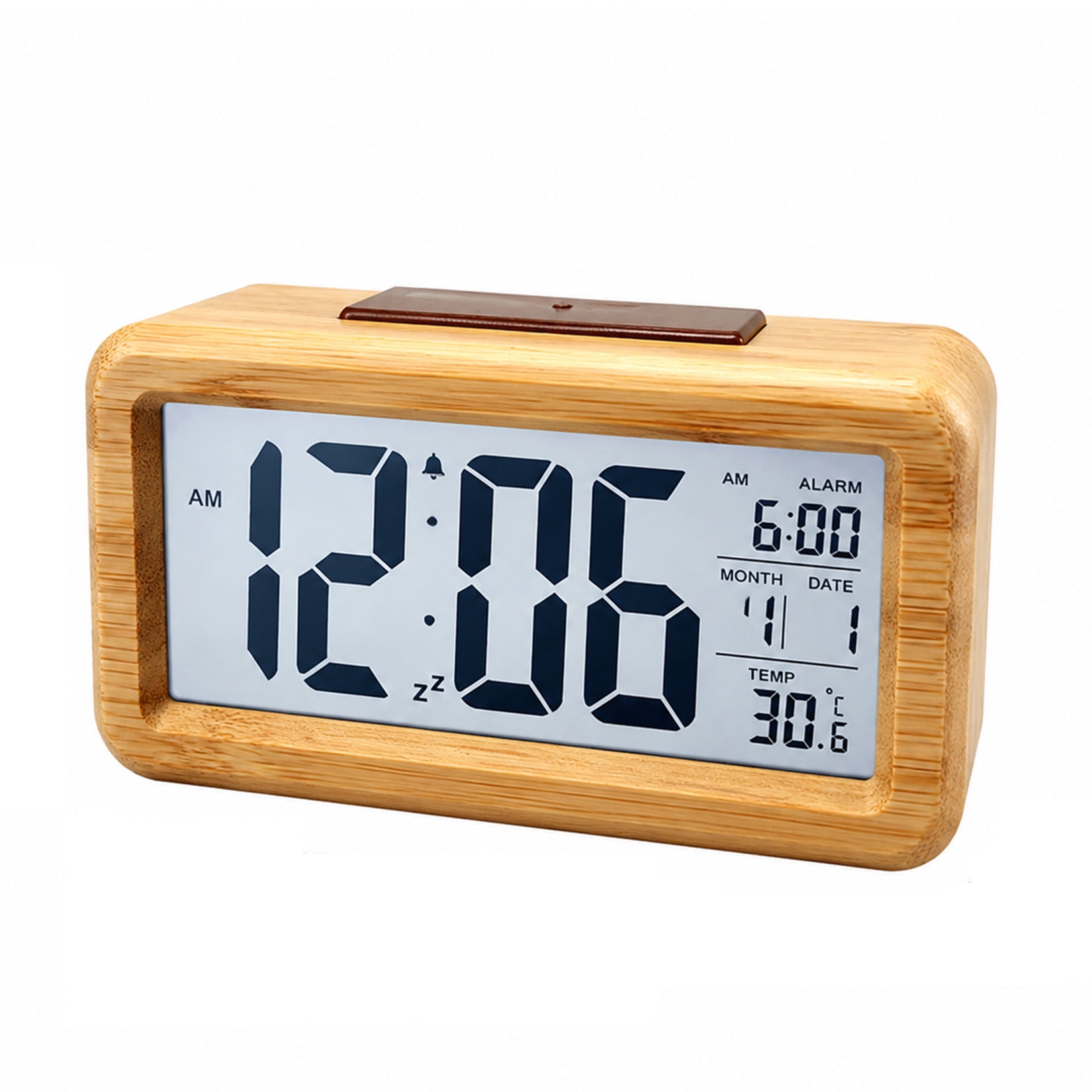 Wooden Digital Alarm Clock with Auto Backlight Large LCD Display Battery Operated Bedside Clock with Temperature Calendar Snooze for Bedroom Desk & Office