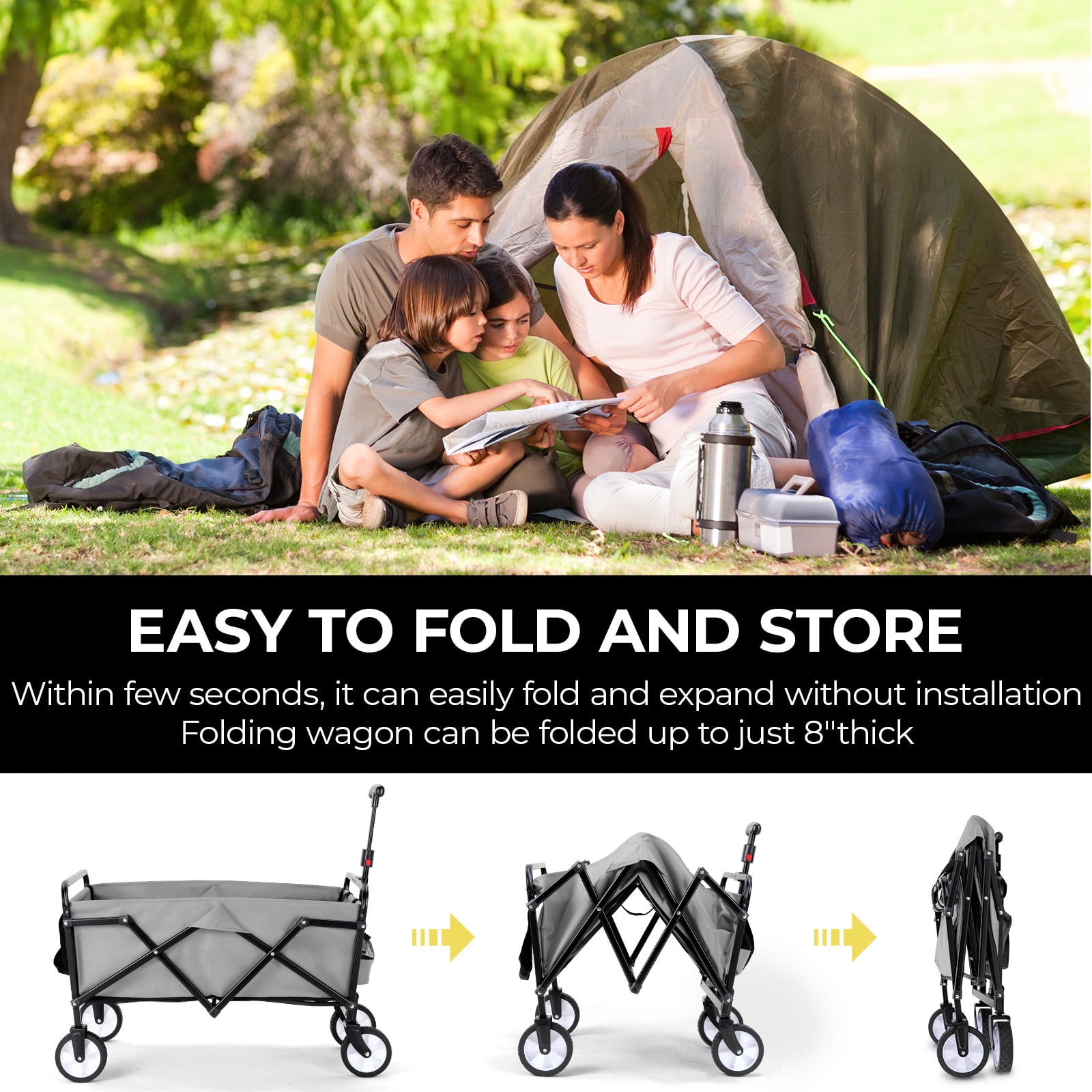 Pirecart Heavy-duty Portable Utility Wagon Cart, Collapsible Folding Wagon 150 lbs Max Load, Lightweight Foldable Grocery Stroller, W/360° Wheels, Carry Bag, for Camping, Shopping, Garden, Sports