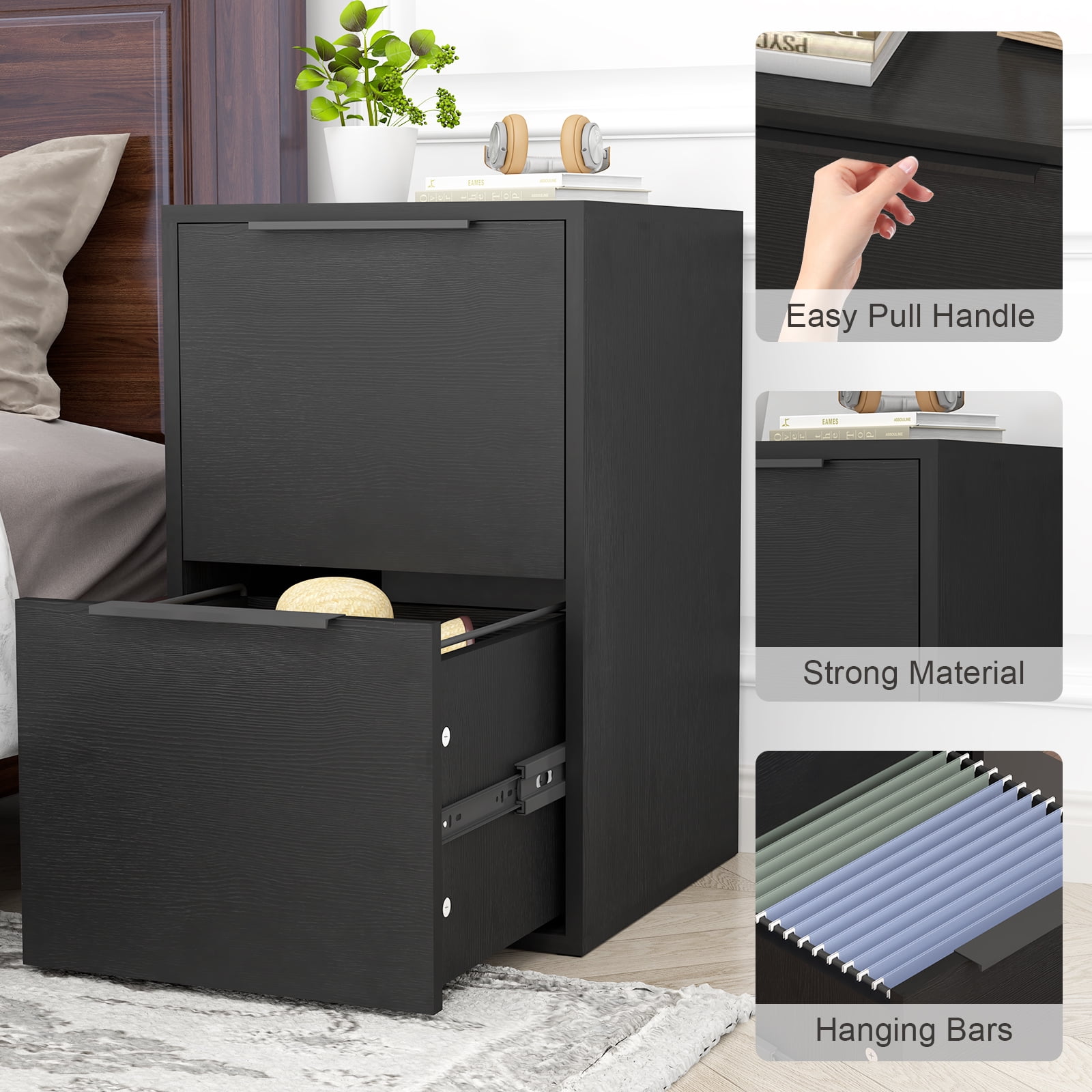 Marcree Wooden File Cabinet 2 Drawer, Wood Vertical Filing Cabinet with Hanging Bars for Letter Size, Wooden Small File Cabinets for Home Office, Black, Assemble Required