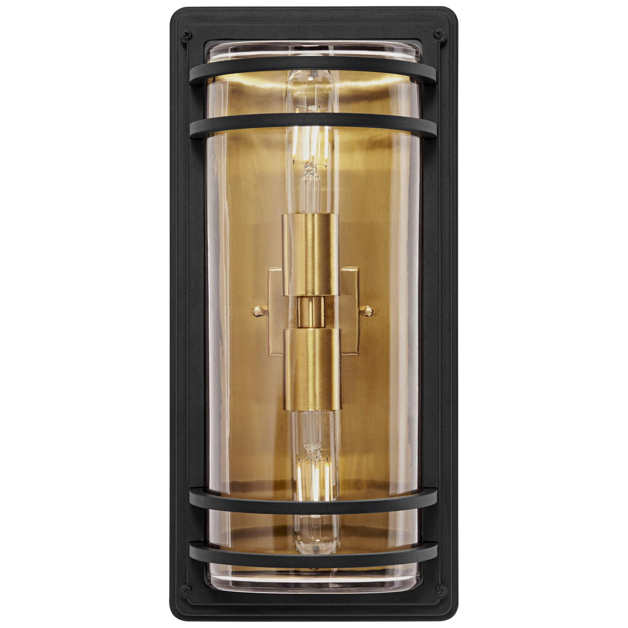 John Timberland Modern Outdoor Wall Light Fixture Black Brass 2-Light Downlight Uplight 16" Clear Glass Exterior House Porch Patio