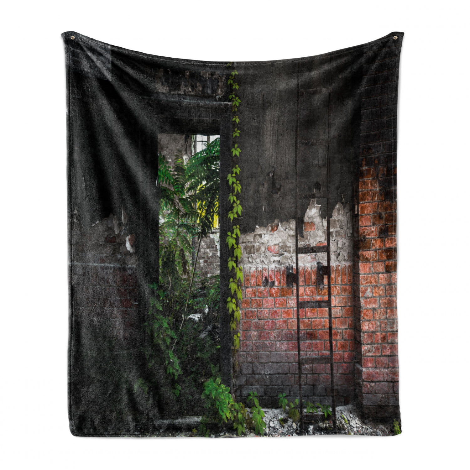 Old Door Opening in a Desolate Industry Building Brick Wall with Ivy Plants Ambesonne Industrial Soft Flannel Fleece Throw Blanket Multicolor 70 x 90 Cozy Plush for Indoor and Outdoor Use 