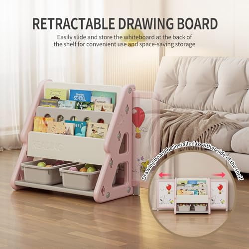 UNICOO® Toddler 3 in 1 Art Board Bookshelf and Organizer, 2-Tier Bookshelves with Storage Rack & Bins, Retractable Drawing Board, Lightweight & Compact for Nursery, Playroom (Pink & White)