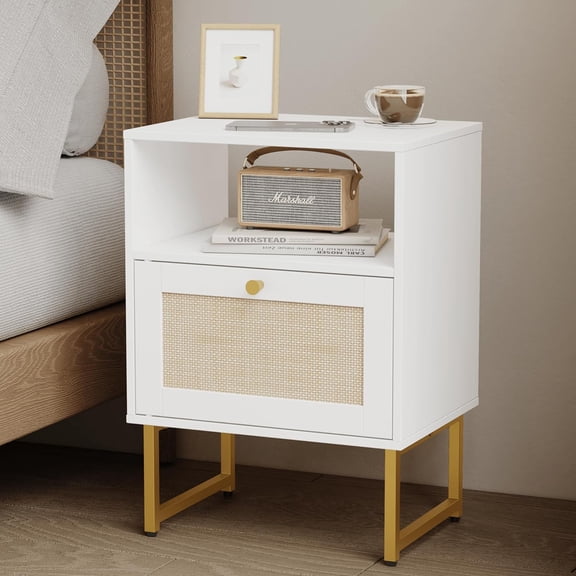 Rattan Nightstand,Farmhouse Bedside Table with Storage Drawer and Open Shelf,Modern Boho Small Gold Frame Side End Table for Bedroom,Living Room,Office(White)