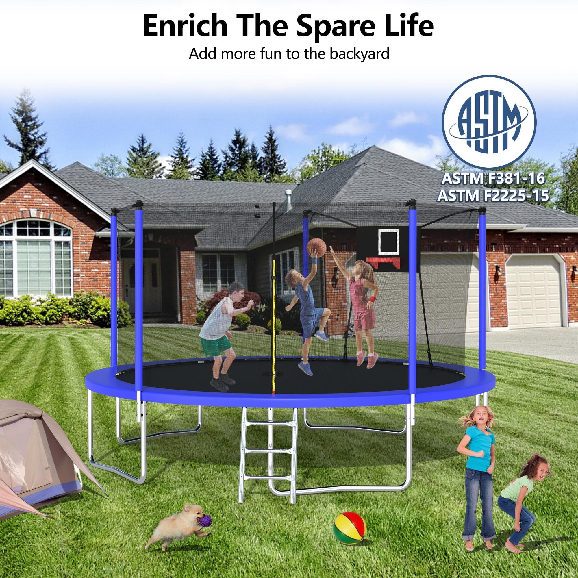 14FT Trampoline, 1320LBS Kids Trampoline with Basketball Hoop, Outdoor Adult Trampoline w/Enclosure Net & Heavy-duty Supports