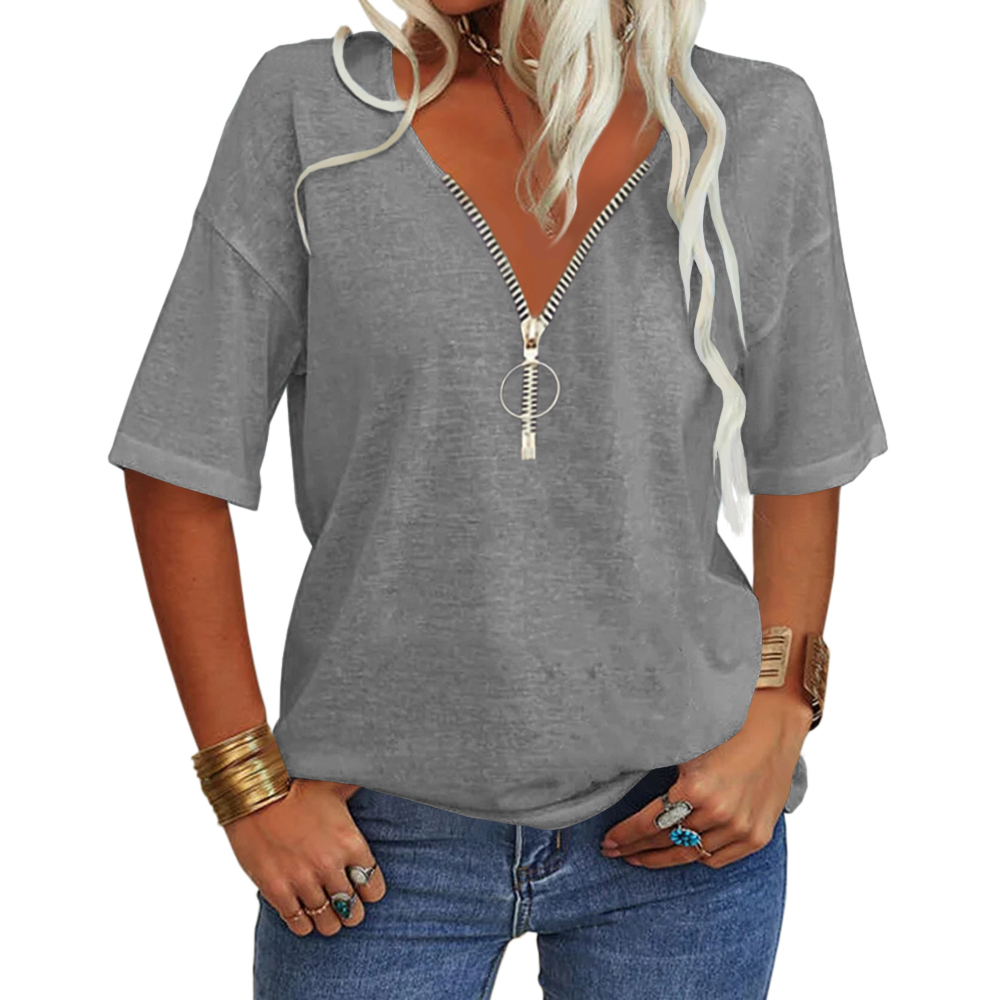Plnotme Women Fashion VNeck Zip neck Half Sleeves Oversized T Shirt