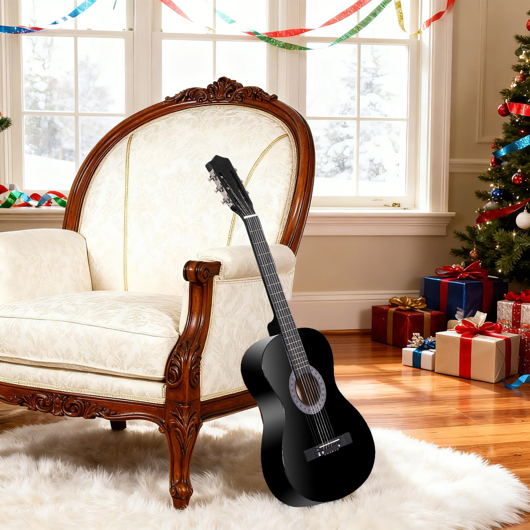 SuperDeal 38-Inch Round Shoulder Acoustic Guitar Kit 6 Strings Full Size Classic Beginners Children Adults All-Solid Wood with Carrying Case, Strap, Tuner and Pick, Black
