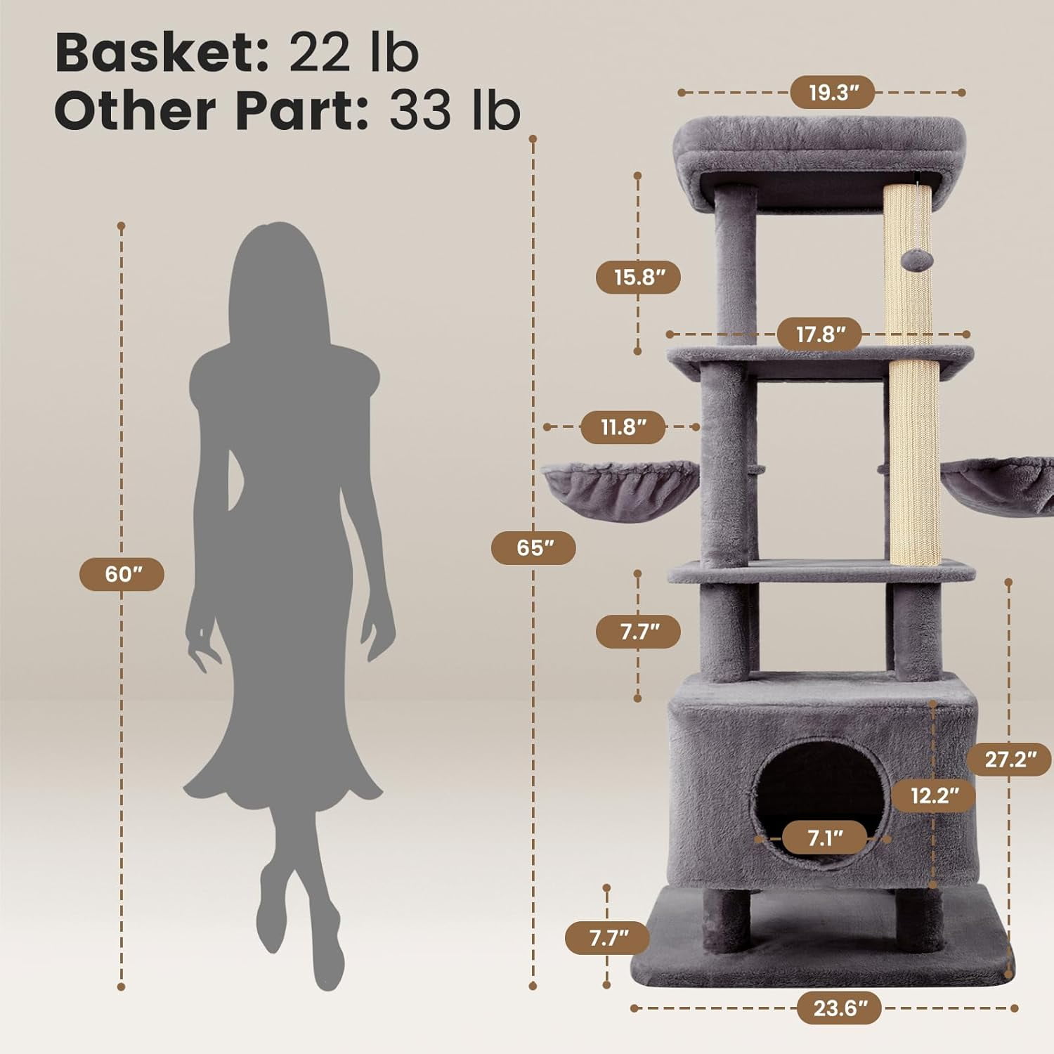 Nomipaw Cat Tree 65”, 6-level & Heavy Duty Cat Tower with Φ3.23in Posts, 2x Natural Sisal Scratching Posts(Replaceable), 2x Hammock, Condo and Washable Top Perches, For Indoor Cats, Gray