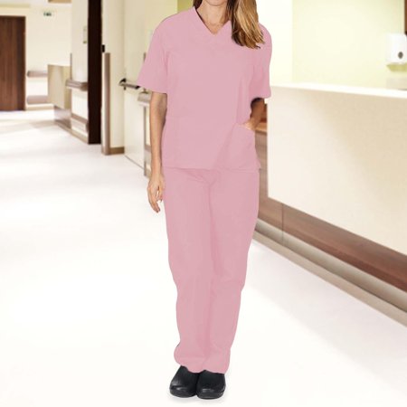 

Unisex Nursing Scrubs Uniform Multi Pockets Professional suits Top Pants Set Workwear Stretch V Neck Soft for Worker Pet Groomer Cosmetology Pink M