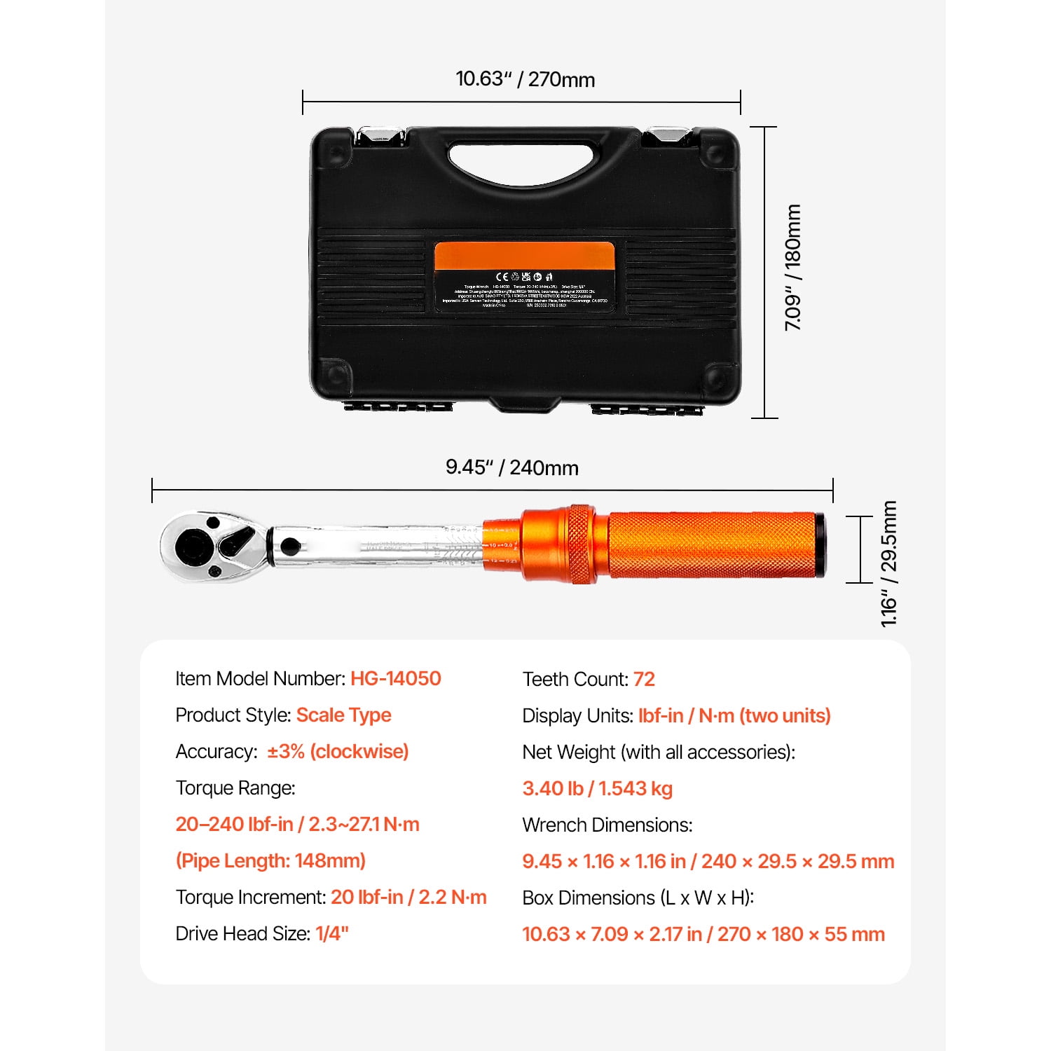 KFFKFF Click Torque Wrench Set, 1/4-Inch Drive, 20-240 lbf-in / 2.3-27.1 N.m, Dual-Direction with Dual Range Scales, 72-Tooth Design, ±3% Accuracy, Includes Bits, Sockets, Adapters, Extension Bar
