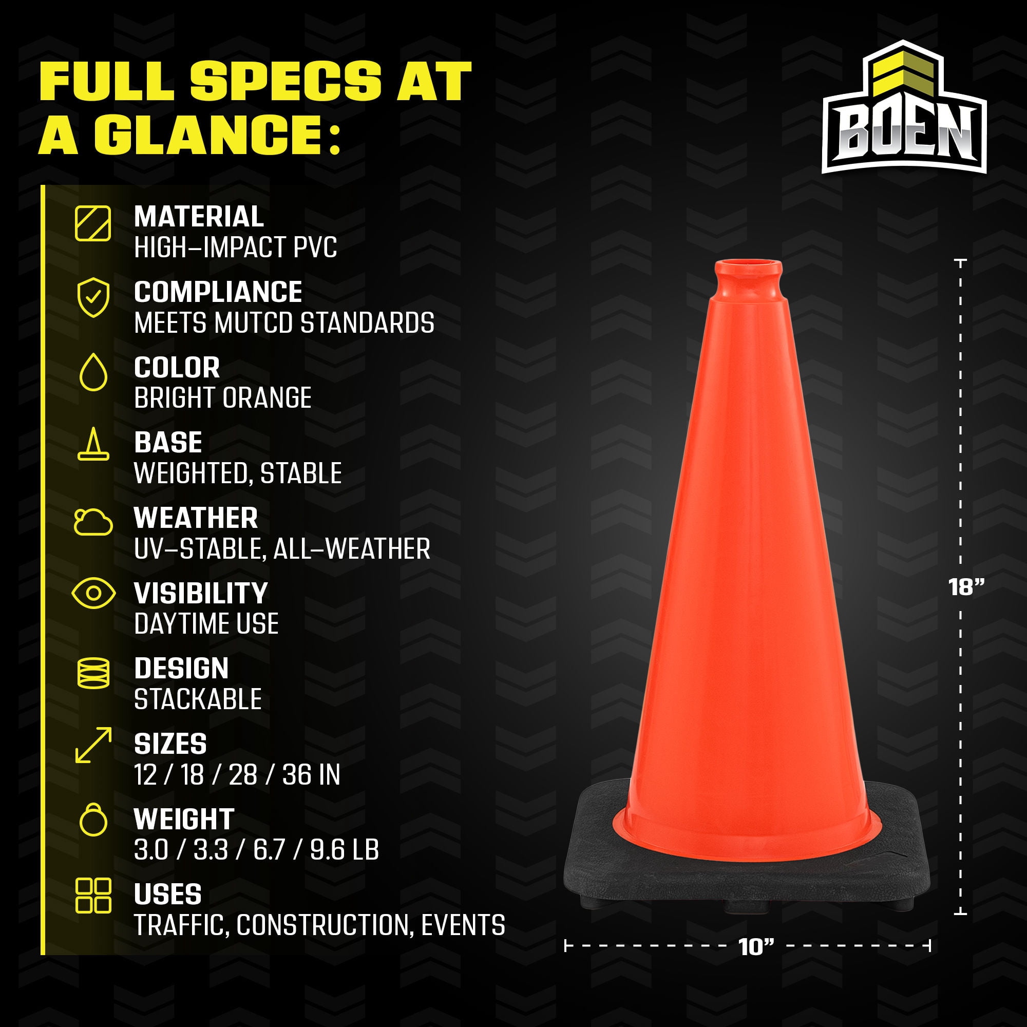 BOEN 18 in Orange Non-Reflective Traffic Cones for Parking Safety, 12 Pack