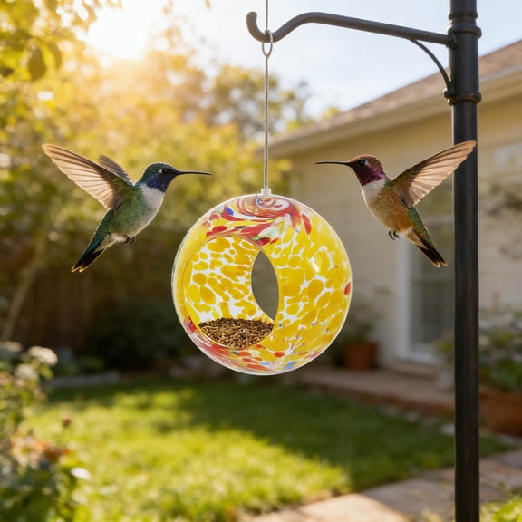 Stained Glass Hummingbird Feeder, Circular Hand Painted Garden Decoration Pendant, Outdoor Hanging Station for Patio