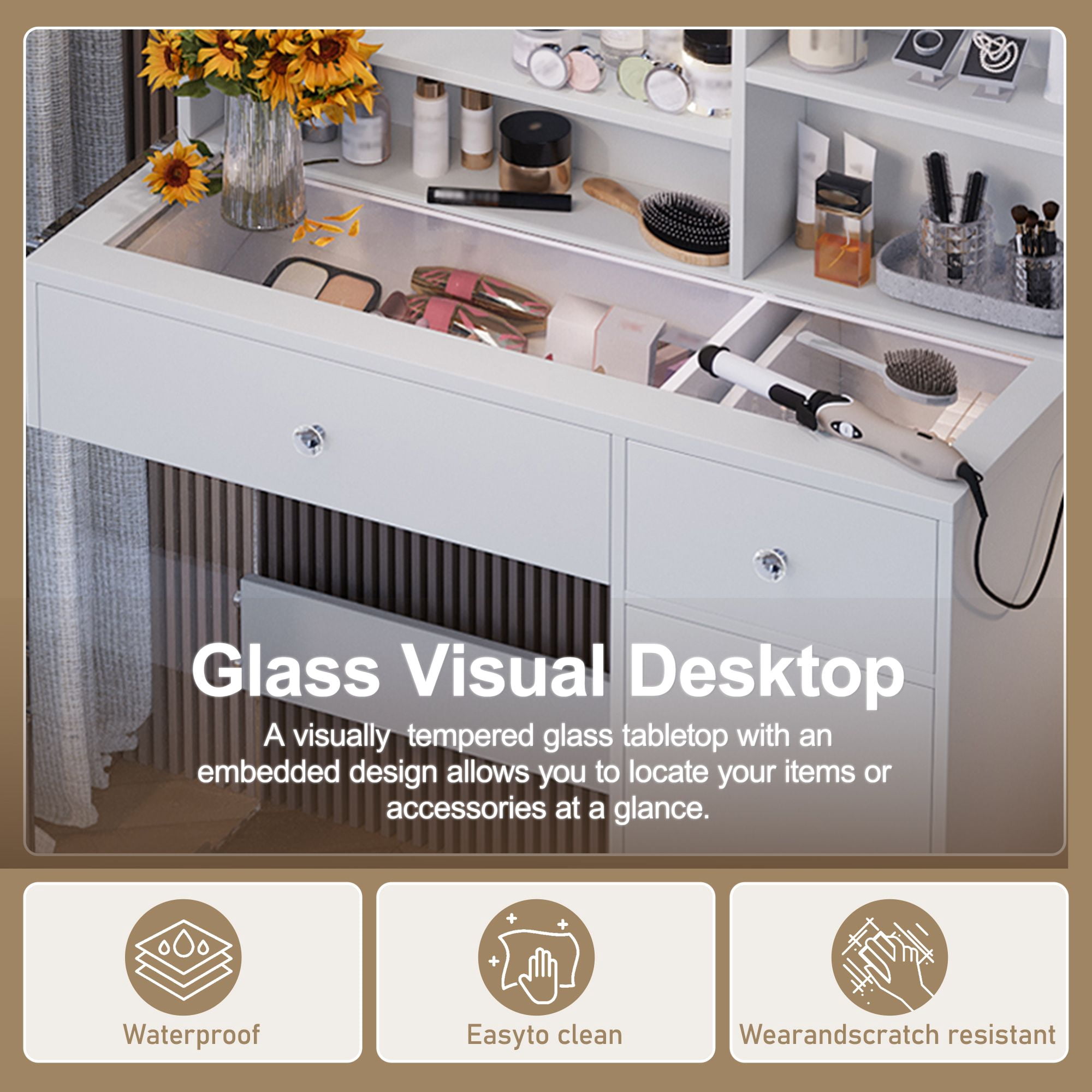 Vanity Desk with Mirror and 3 Lighting Modes, Makeup Vanity with Glass Top and Storage Shelves, Dressing Table with 2 Drawers and Cabinet, White