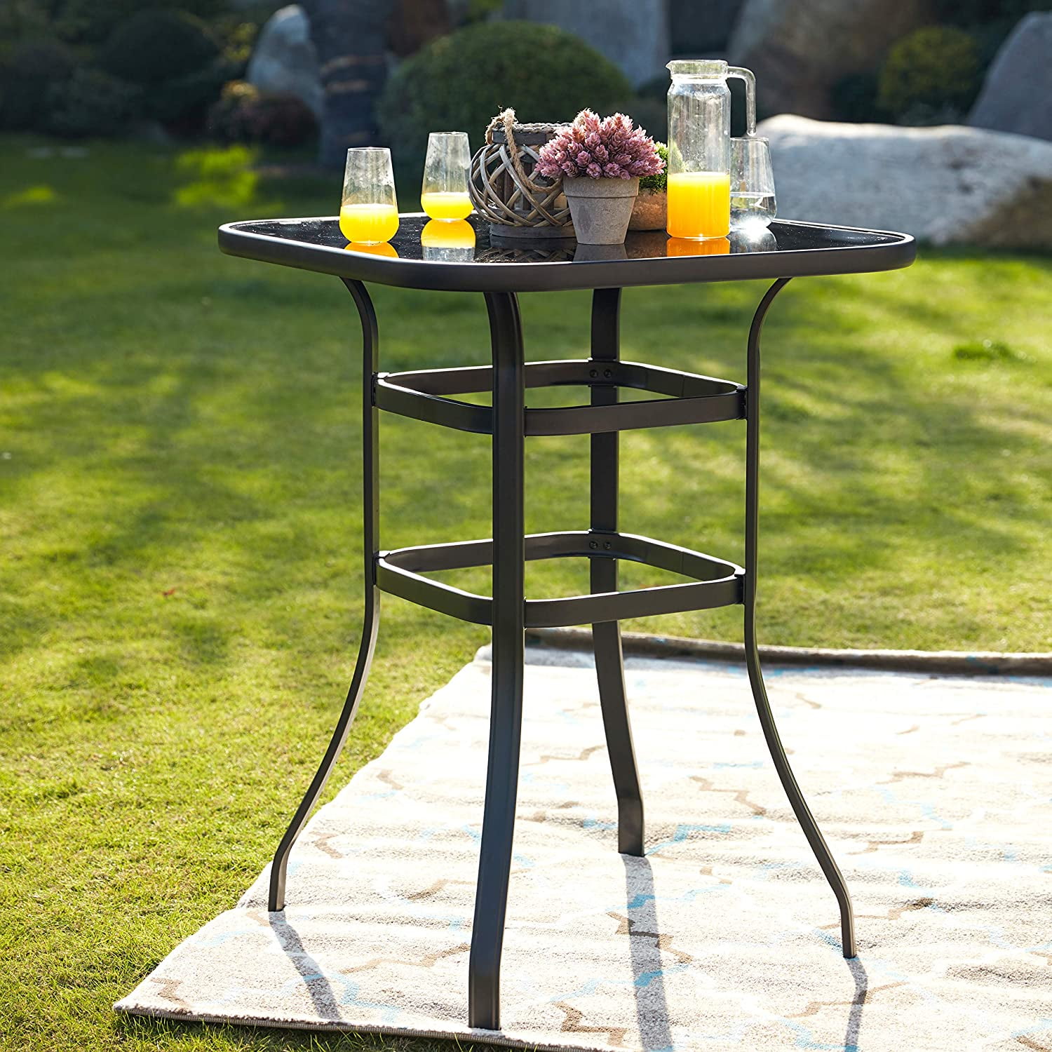Lokatse Home Bar Height Counter Tall Patio Table Outdoor Bistro Glass Top All Weather Metal Frame Square Tempered Furniture