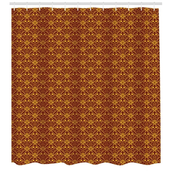 Yellow Damask Shower Curtain, Interlaced Curvy Leaves Design as Venetian Style Floral Petals, Fabric Bathroom Set with Hooks, 69W X 70L Inches, Burgundy and Earth Yellow, by Ambesonne