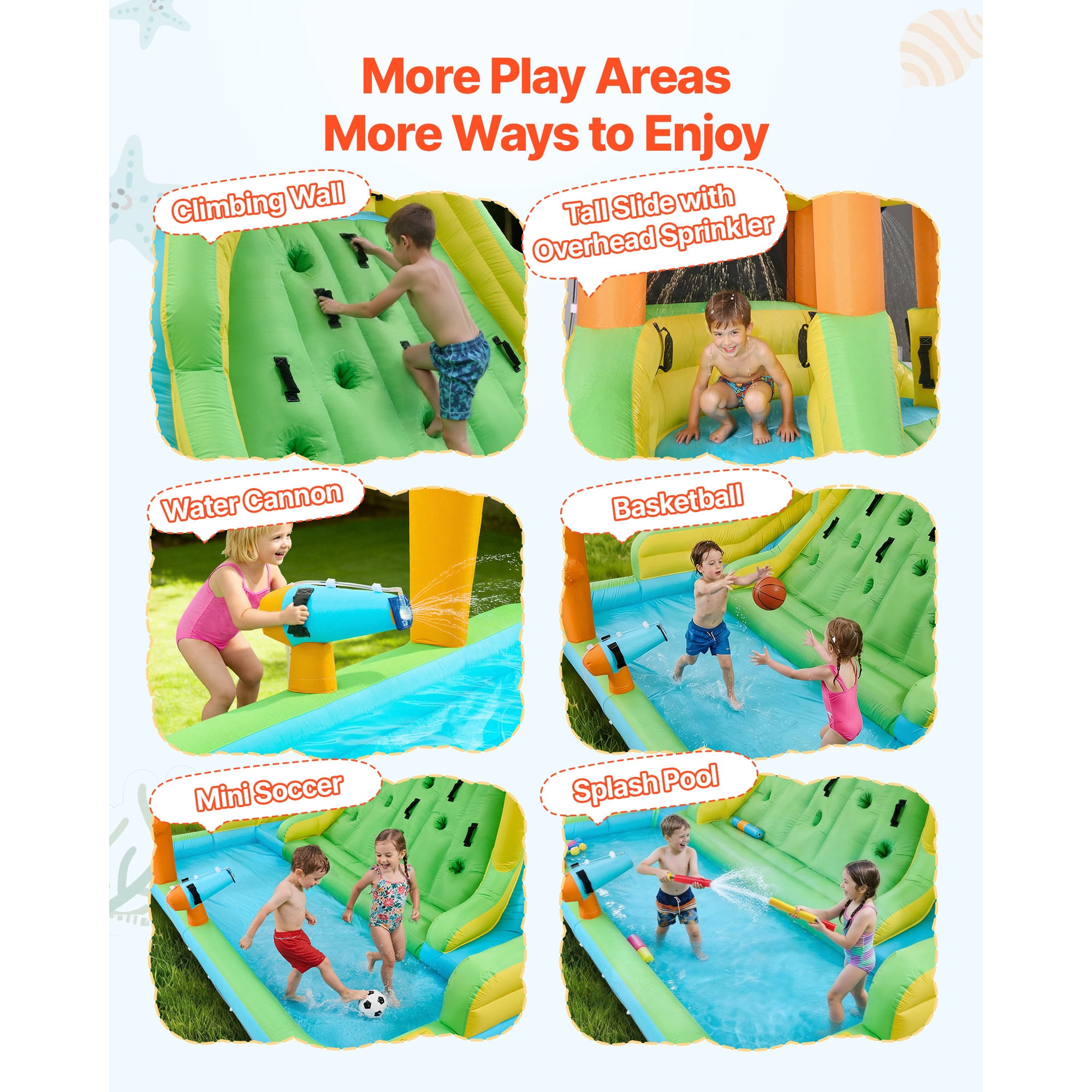 KFFKFF Inflatable Bounce House with Water Slide, 13.3 x 11.4 x 8.4 ft Play Castle Featuring Climbing Wall, Dual Slides, Splash Pool, and Mini Soccer Area for 3-4 Kids Aged 3-8