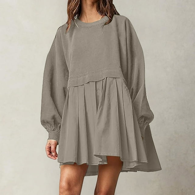EGNMCR Robes de Fête pour Femmes Mode Chandail Décontracté Surdimensionné pour Femmes Robe à Manches Longues Col Rond Mini-Robes Patchwork pour Dames