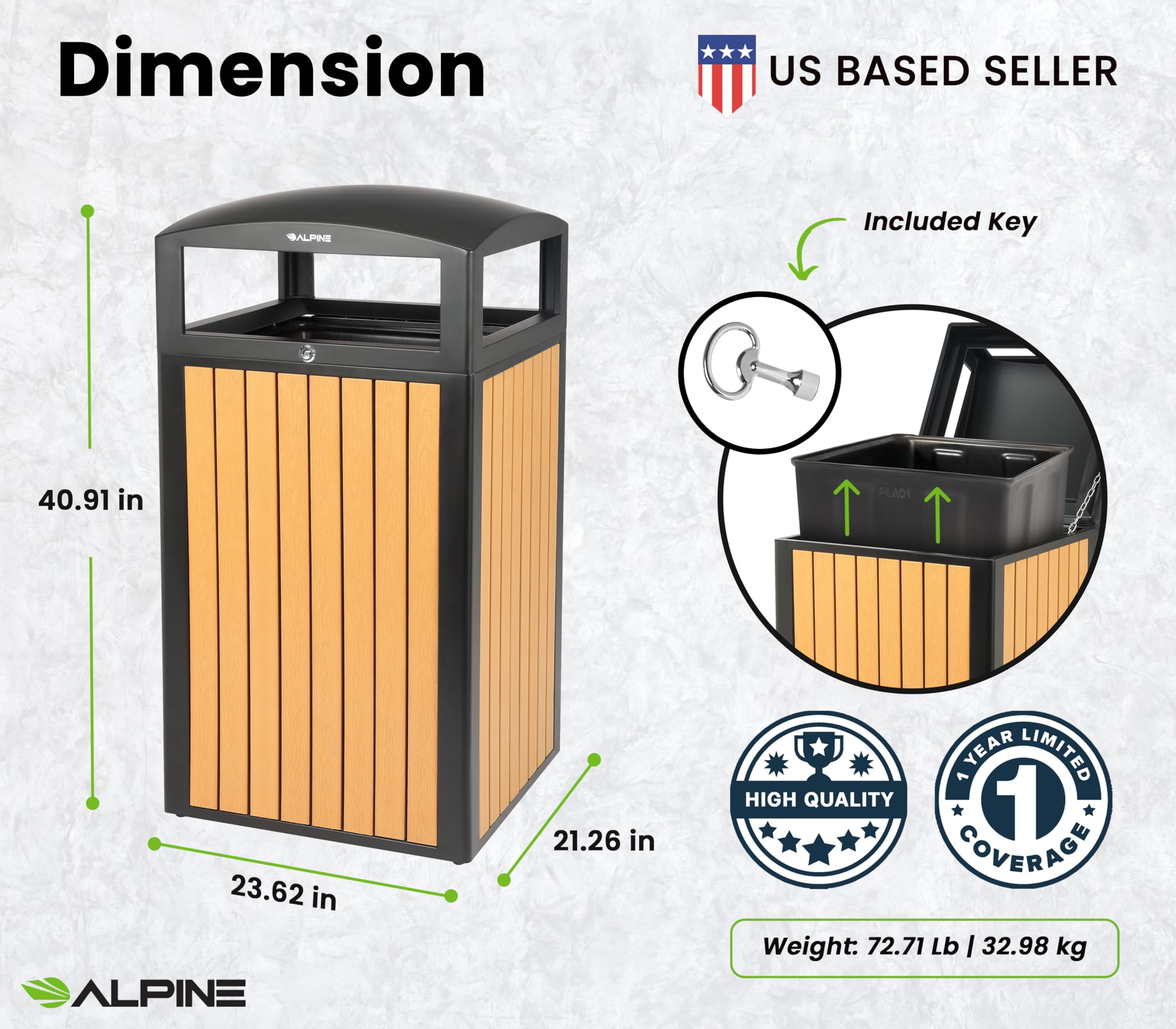 Alpine 40 Gallon Commercial Outdoor Trash Can with Lid - Modern Heavy Duty Large Outdoor Garbage Can with Durable Plastic Bin, Slatted Recycled Plastic Panels Perfect for Patio, Parks, Trails & Resor