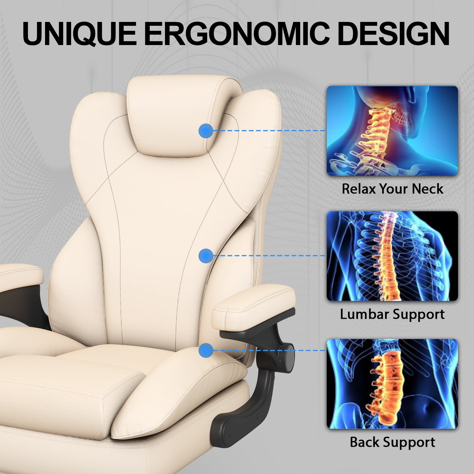 Hovos Big and Tall Office Chair with Flip-up Arms, Ergonomic Home Computer Desk Leather Chair, 360° Swivel Computer Desk Chair, Quiet Nylon Wheels, Beige