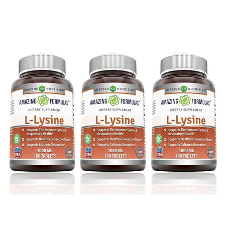 Amazing Nutrition Amazing Formulas L-Lysine - 1000mg Amino Acid Vitamin Tablets - Commonly Used for Cold Sores, Shingles, Immune Support, Respiratory Health & More - 180 Vegetarian Tablets (3 Pack)