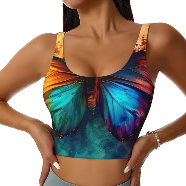 Balery Vibrant Rainbow Butterfly A Sujetadores deportivos con espalda cruzada para mujer, acolchados, sin costuras, de alto impacto, ideales para yoga, gimnasio, entrenamiento y fitness.-X-Large