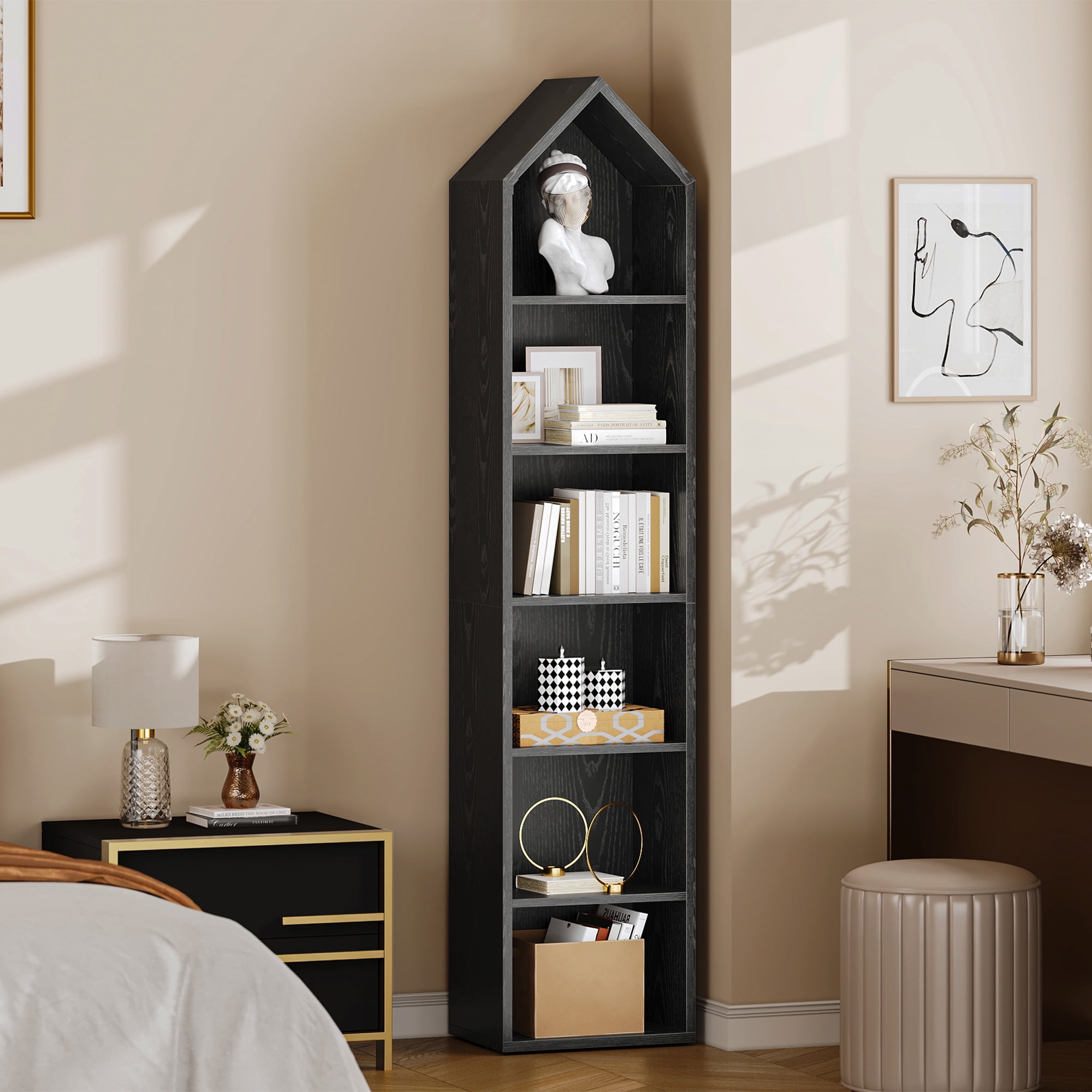 6-Tier Open Shelf 6-Cube Storage Organizer Standard Wood Bookcase Bookshelf Wall Shelf 72.8" Tall Narrow Bookcase Display Stand Home Office, Black