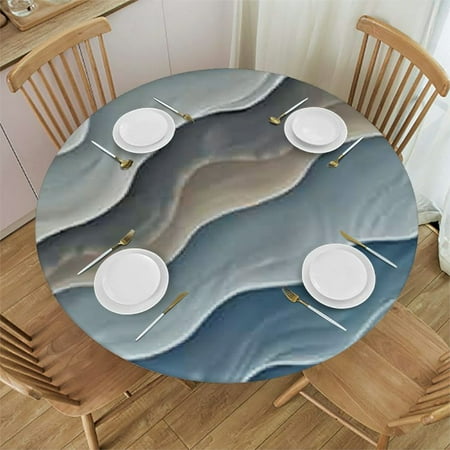 

Blue Brown Gradient Wave Fitted Tablecloth for Round Table Ocean Cover with Elastic Edge Waterproof