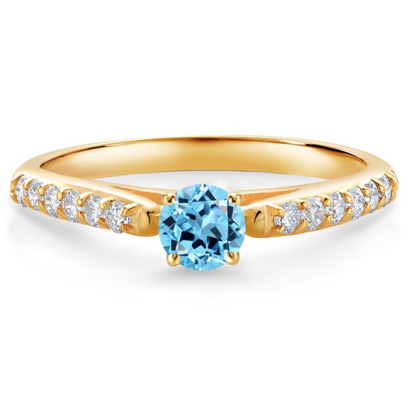 Gem Stone King 10K Yellow Gold Swiss Blue Topaz and White Lab Grown Diamond Engagement Ring for Women (0.54 Cttw, Gemstone November Birthstone, Round 4MM, Size 7)