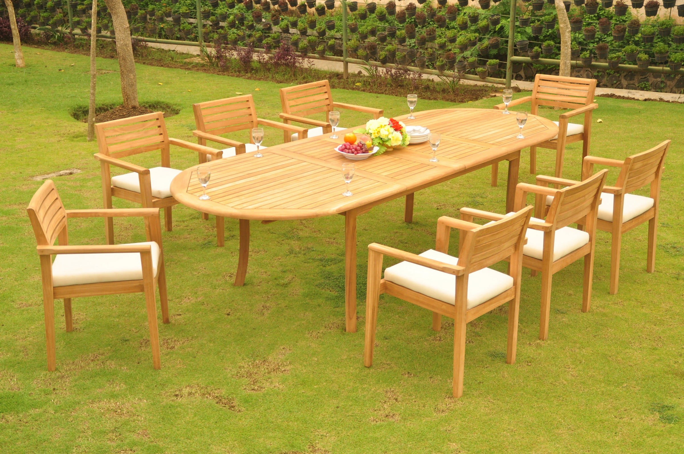 Teak Dining Set 8 Seater 7 Pc 117" Oval Table & 8 Montana Stacking