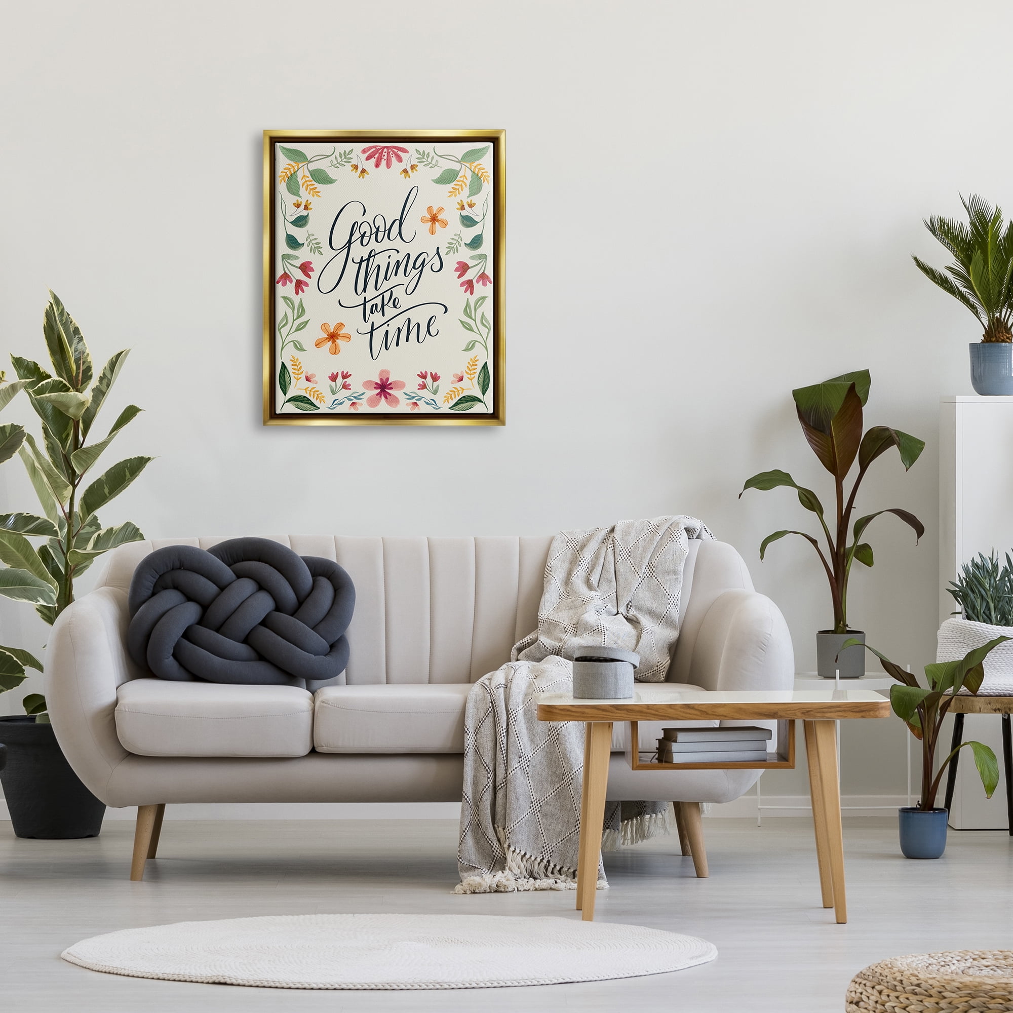 Stupell Industries Good Things Take Time Phrase Botanical & Floral Painting Gold Floater Framed Canvas Art Print Wall Art, 25 x 31