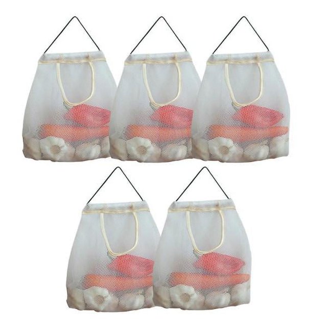Paquete de 5 bolsas de malla reutilizables para colgar frutas y verduras, almacenamiento de cocina, bolsas de malla lavables y plegables, color blanco