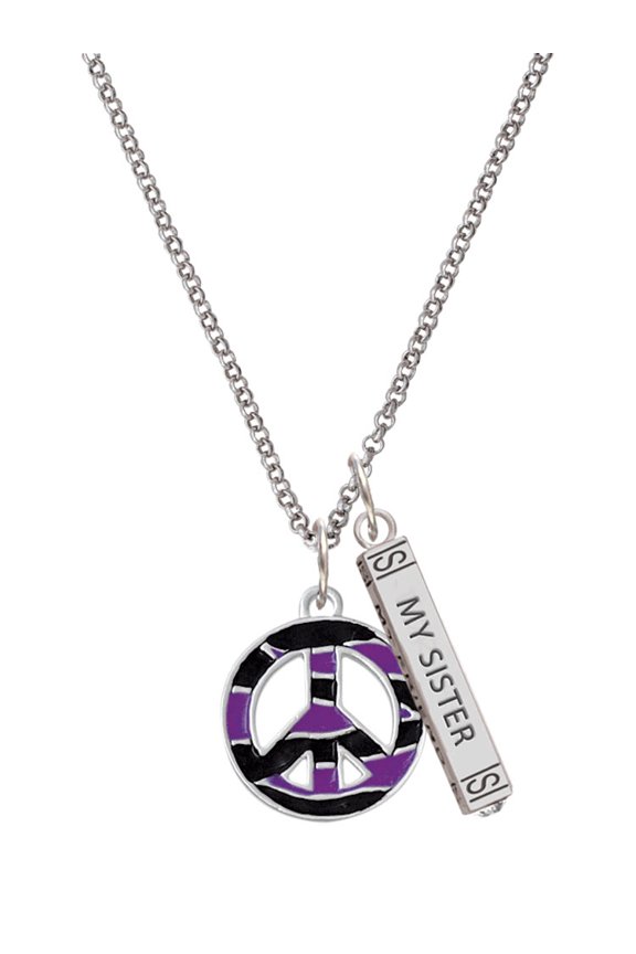 Silvertone Large Purple Tiger Print Peace Sign Silvertone Always My Sister Bar Charm Necklace, 23"
