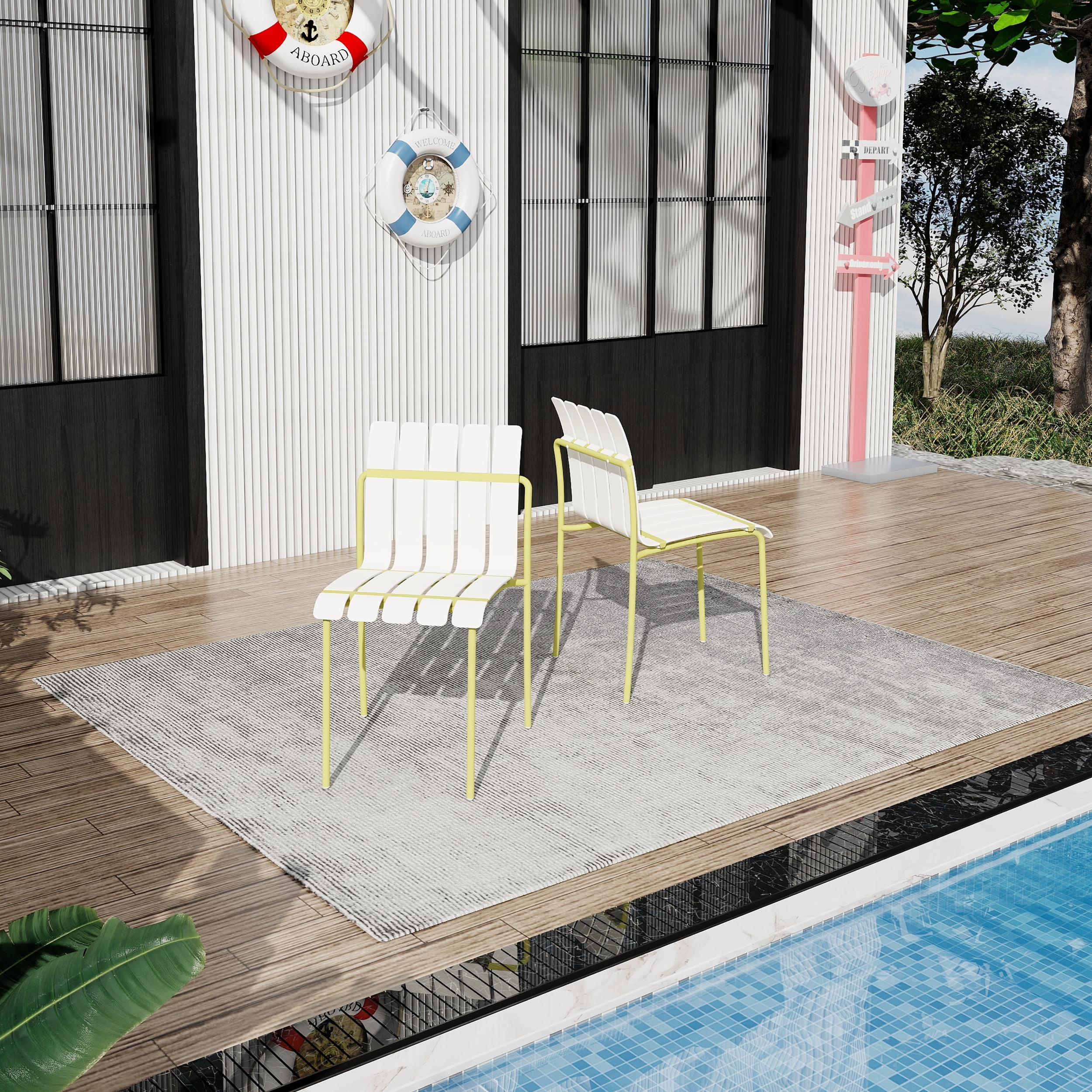 Outdoor Dining Chair, 4 Pack Striped Seat Leisure Chair for Garden Home Patio Outdoor, Cream White Grain Yellow