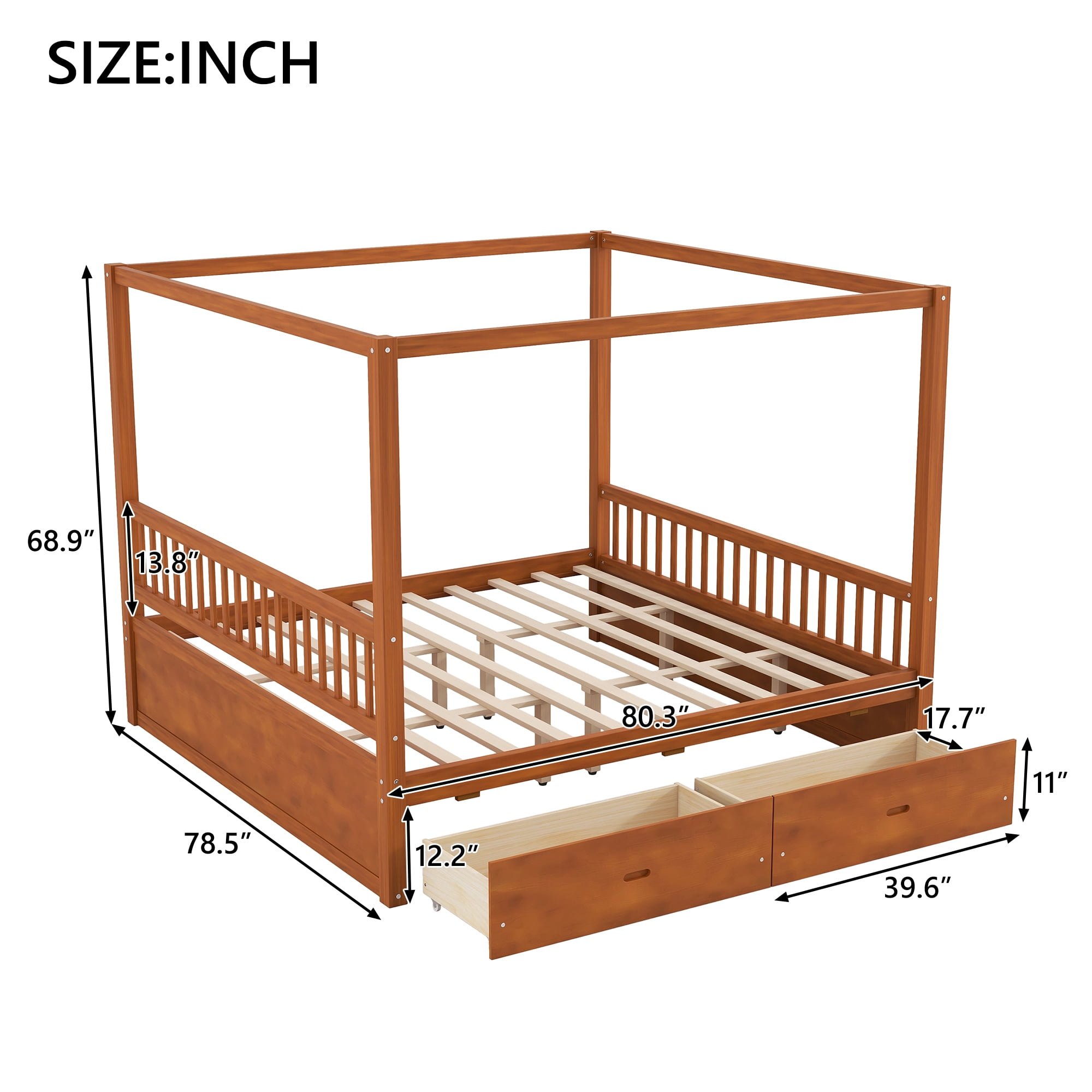 Euroco Wood King Size Canopy Bed with Drawers, Walnut