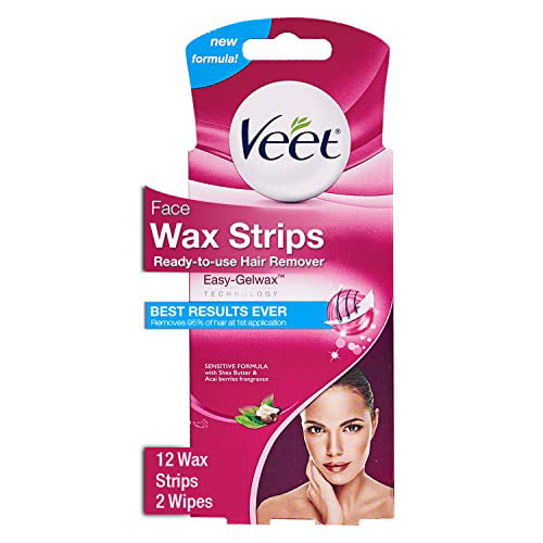 Hair Removal Wax Strips– VEET Easy- Gelwax Technology, Sensitive Formula  Ready-to-Use Hair Remover Face Wax Strips with Shea Butter & Acai Berries  Fragrance, 12 Wax Strips with 2 Wipes (Pack of 1) -