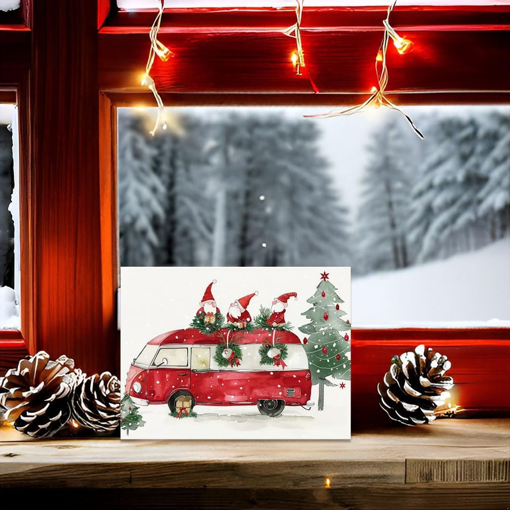Christmas Gnome Bus Canvas Wall Art - Winter Snowing Christmas Painting - Framed 12 X 16 Inch Small Cute Christmas Pictures for Bathroom Kitchen Kids Room Home Office Decorations - Aesthetic Holiday
