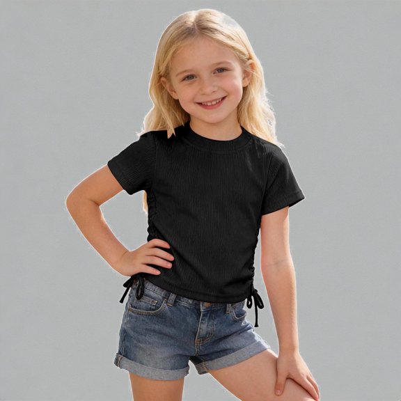 Krdevn Girls Ribbed Knit Side Tie Short Sleeve T-Shirt Solid Casual Crew Neck Comfy Basic Tee for Kids,9-10 Years
