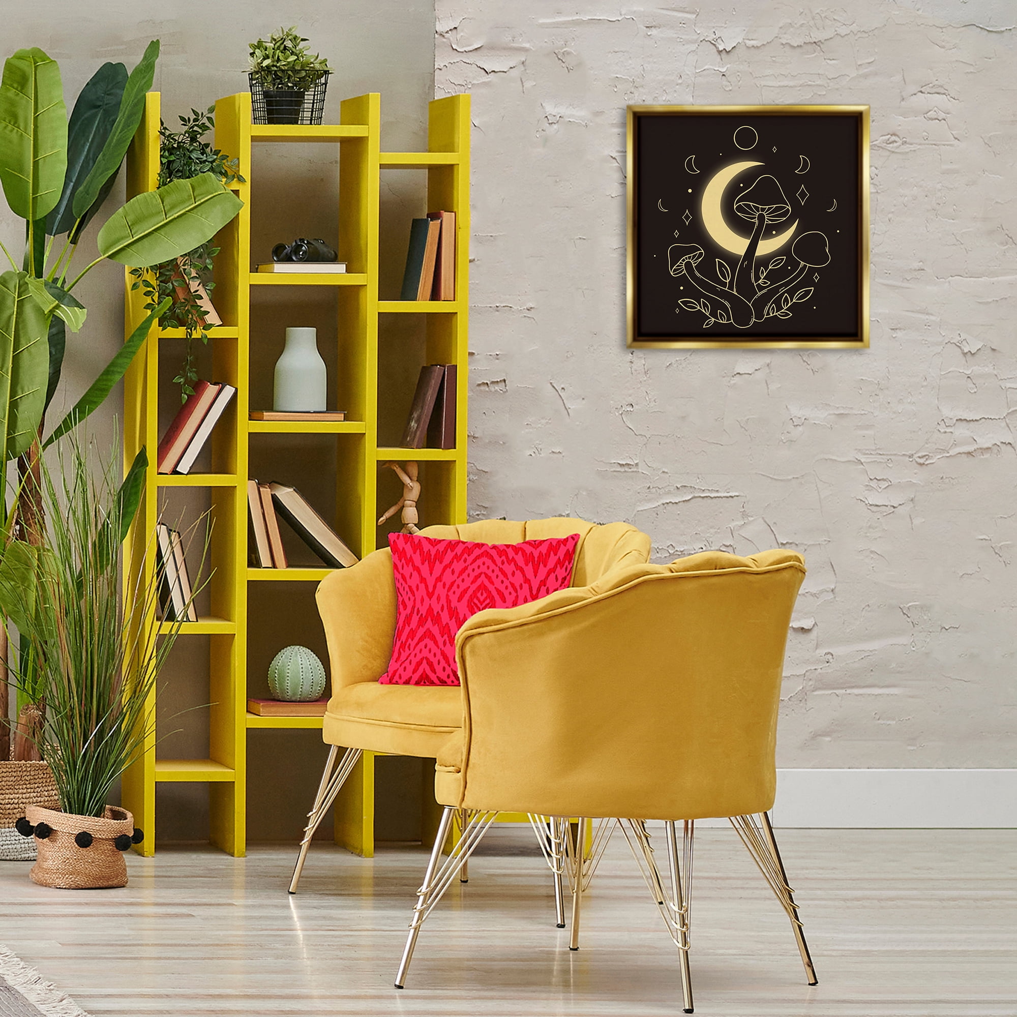Stupell Industries Dancing Mushrooms & Moon Plants & Flowers Painting Gold Floater Framed Canvas Art Print Wall Art, 18 x 18