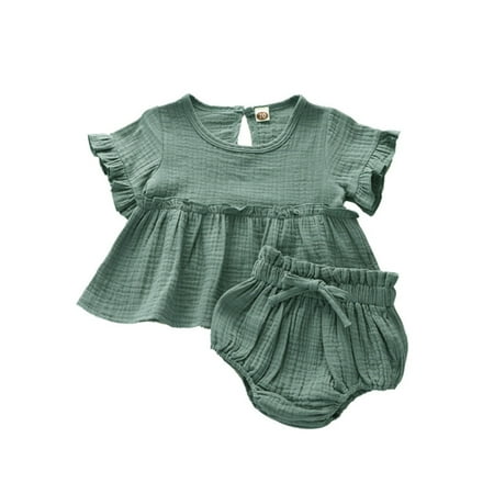

TAIAOJING Kid Toddler Girl Clothes Baby Summer Ruffled Cotton Linen Solid Tops+Shorts Baby Girl Outfits 0-6 Months