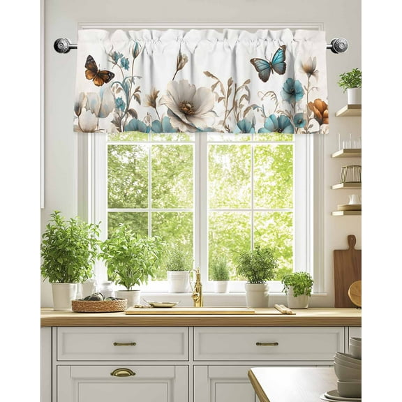 Curtain Valance for Windows,Spring Butterfly Watercolor Blue Flower Kitchen Valances Rod Pocket Short Curtains,Farm Plant on White Window Treatment Panel for Bedroom Bathroom 54"x18"