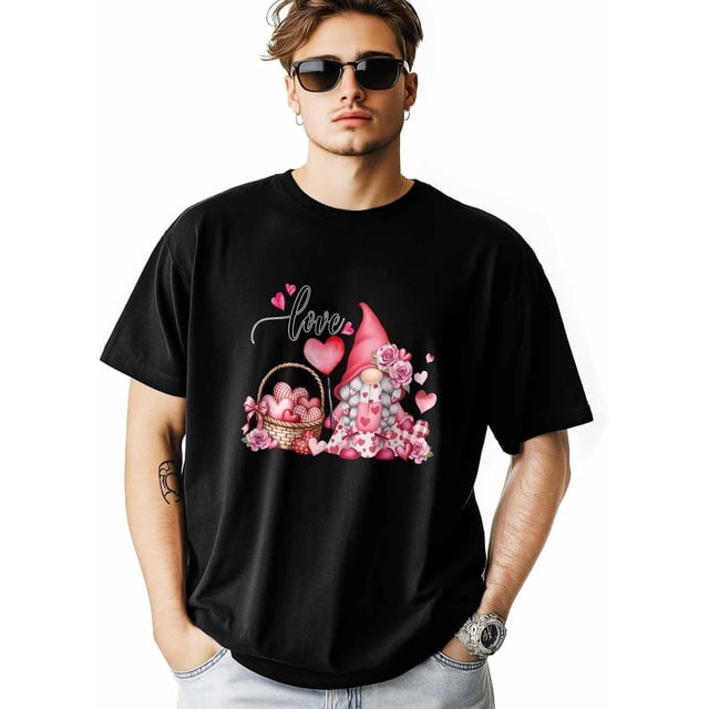 Camisetas para hombre, camiseta de algodón con cuello redondo, corazones, gnomos y rosas, manga corta, romántica, San Valentín, flores y corazones.
