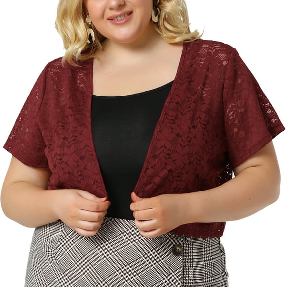 Women's Plus Size Shrug Cardigan Lace Allover Open Front Short Sleeve Crop Bolero Jacket Burgundy 1X