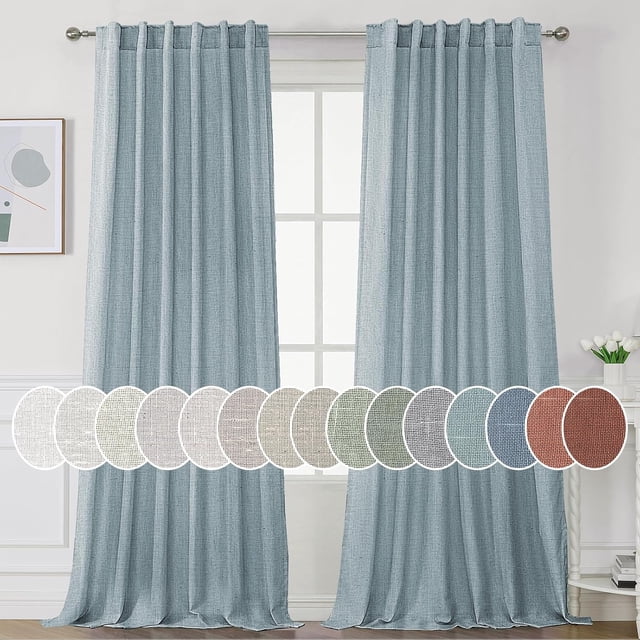 Natural Linen Curtains 84 inches Long for Living Room 2 Panels Back Tab Loop Pocket Textured Light Filtering Semi Sheer Curtains Rustic Farmhouse Boho Curtain for Bedroom, Stone Blue