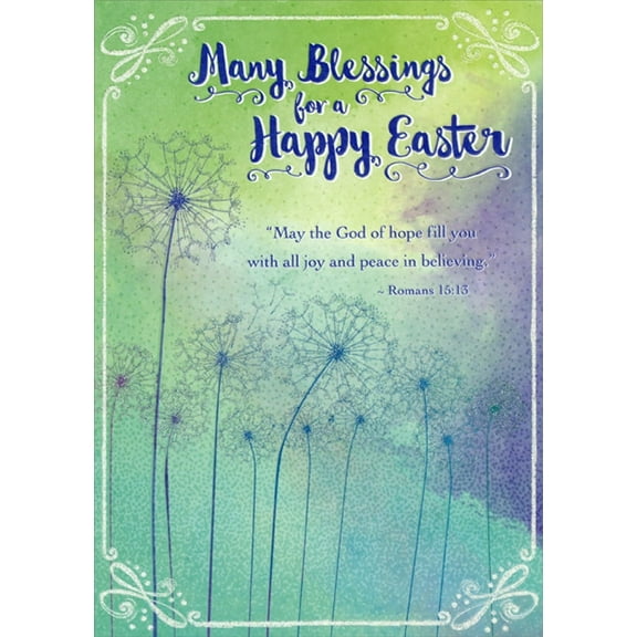 Designer Greetings Sparkling Tall Purple Dandelions on Green and Purple : Many Blessings Religious Easter Card