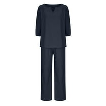 GERsome Women's 2 Piece Outfits Short Sleeve V Neck Pullover Tops and Wide Leg Pants Lounge Summer Cotton Linen Loungewear Set S-5XL (Dark Blue,XL)