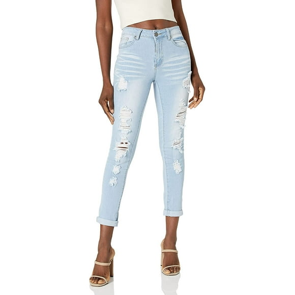 V.I.P. JEANS Women's Fray Hem Skinny Distressed Ripped Juniors Plus, Faded Blue Wash, 9