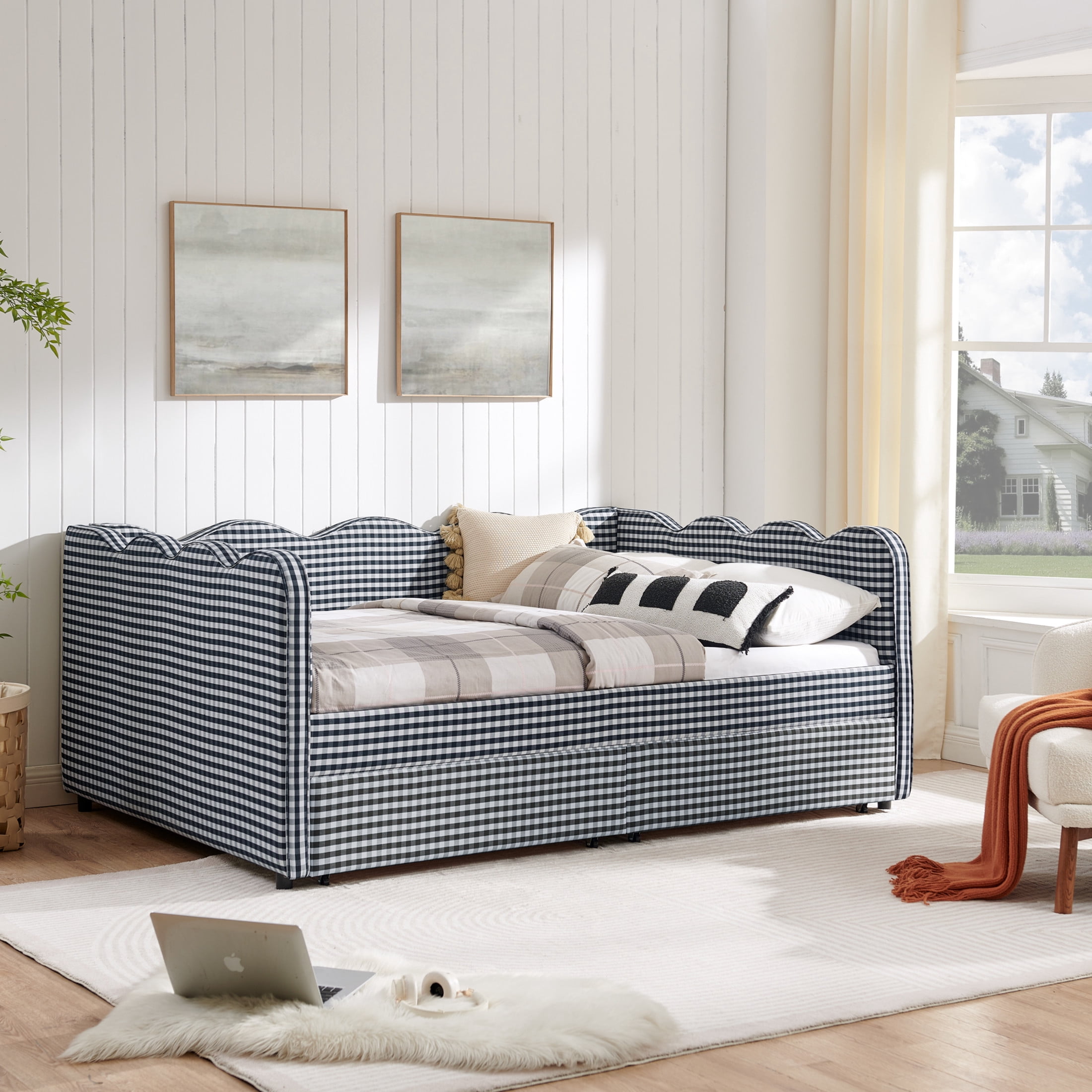 Noble House Corlan Full Size Waved Daybed, Cozy Gingham Linen Sofa Bed with Storage Drawers and Charging Port, Navy Blue