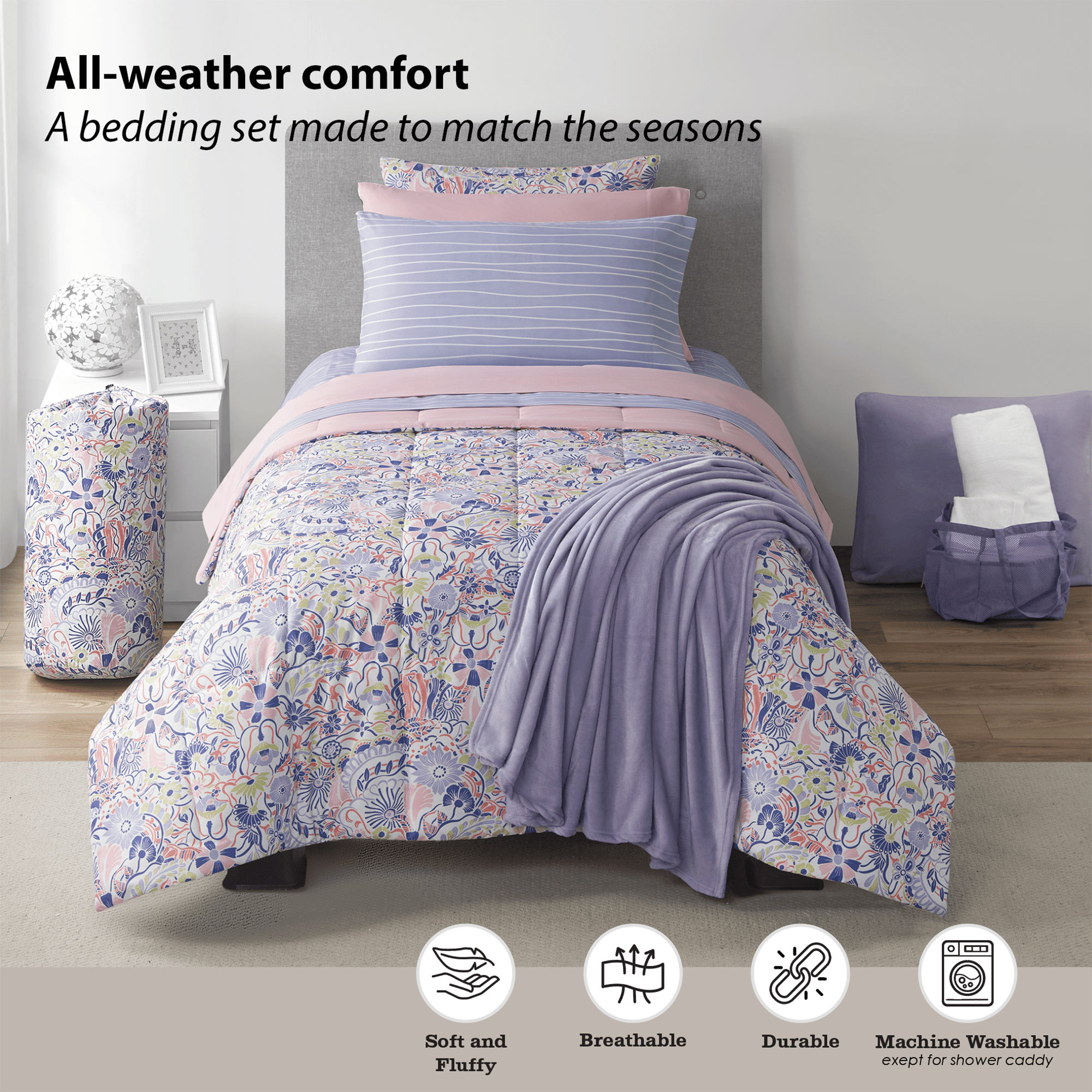 14pc College Dorm Essentials Bundle, Twin-XL, Reversible Bed in a Bag Comforter Set, Purple Floral