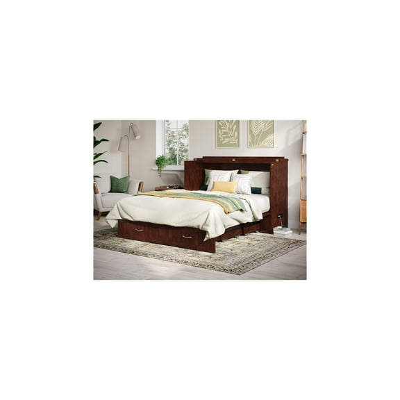 Solid Wood Murphy Bed Chest with Mattress & USB Charger - Walnut Finish, Space Saving Furniture