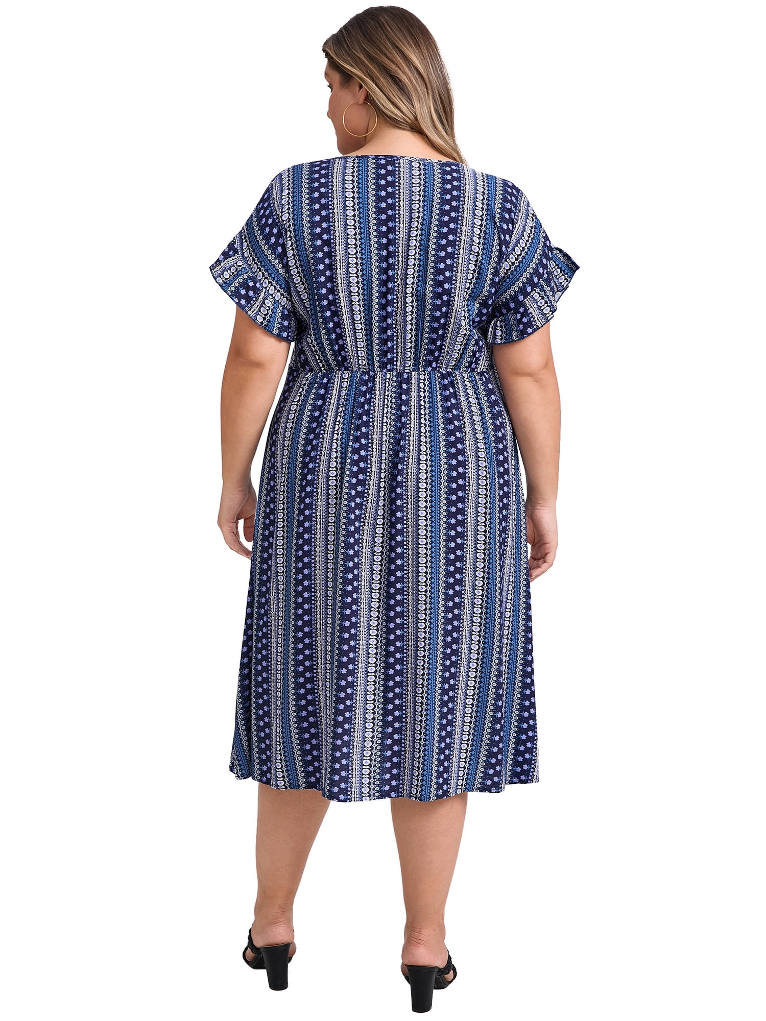 DARING DIVA Plus Size Boho V Neck Ruffle Sleeve Midi Dress 4X Navy Blue