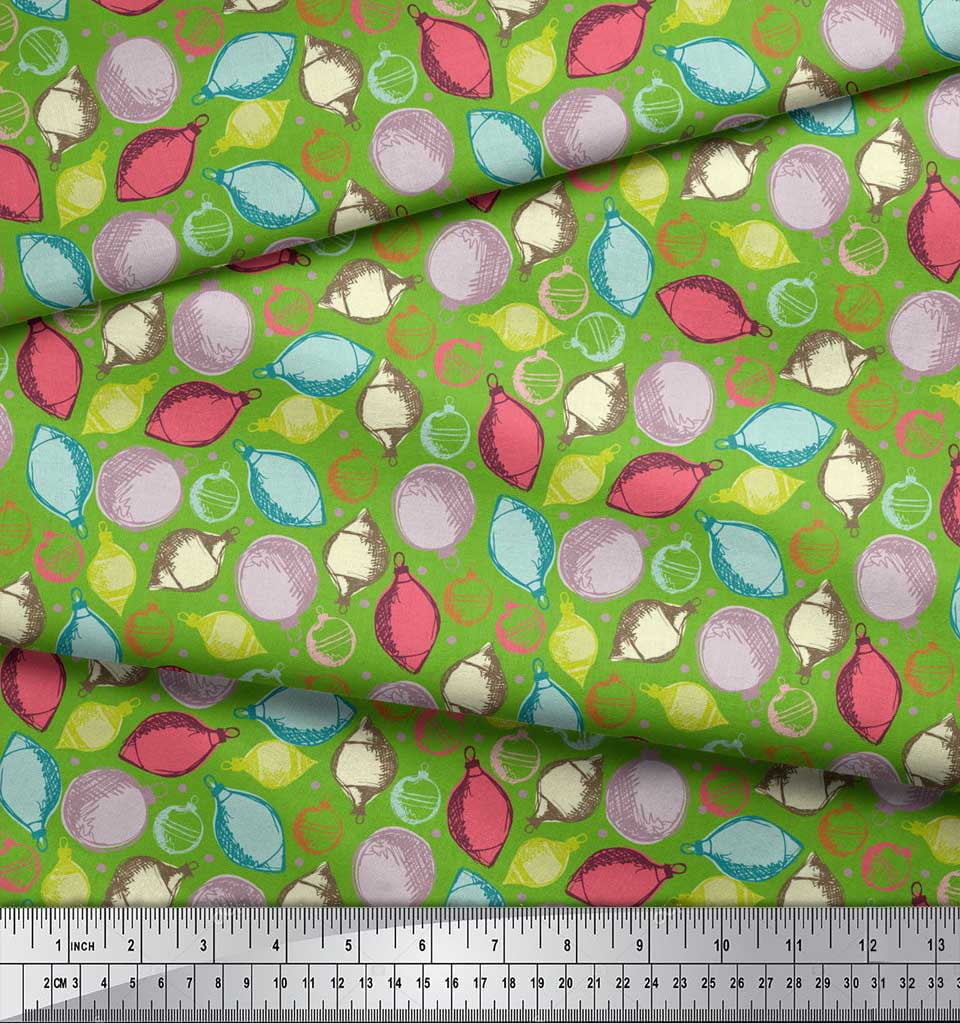 Soimoi Green Rayon Fabric Dot & Ornaments Christmas Printed Fabric 1 Yard 42 Inch Wide